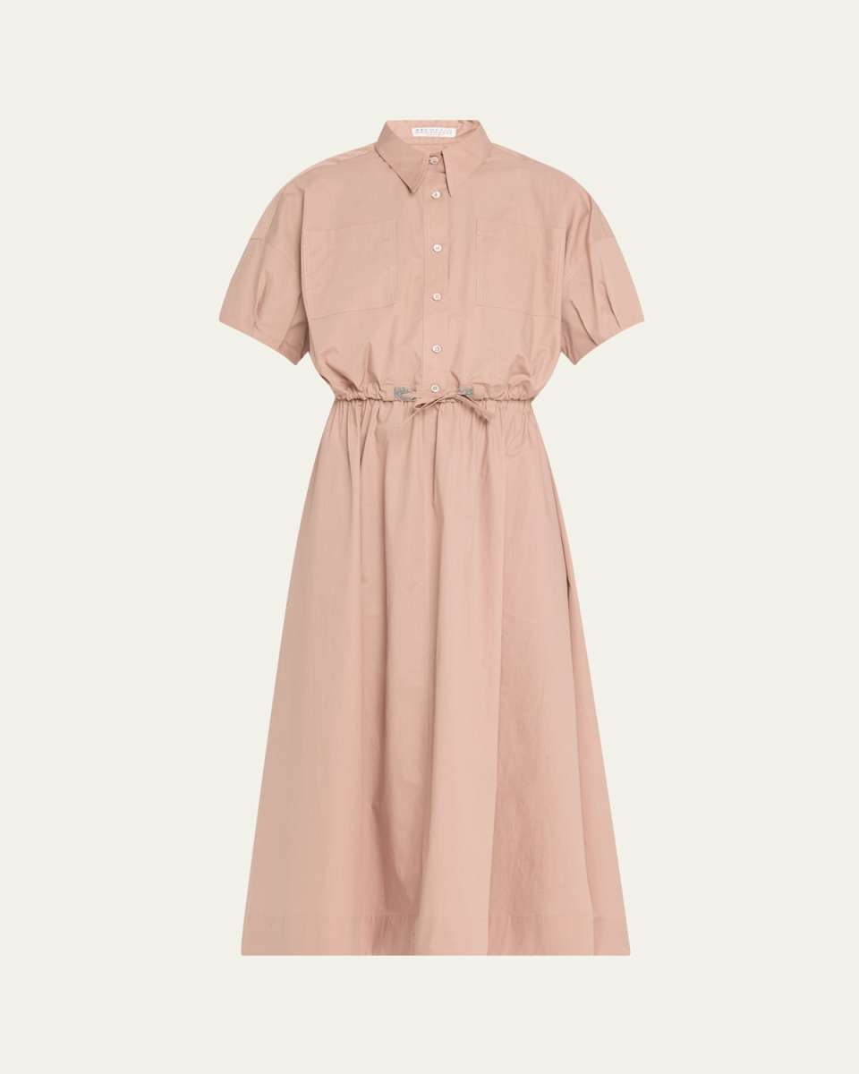 Fit-Flare Drawcord Poplin Asymmetric Midi Shirtdress